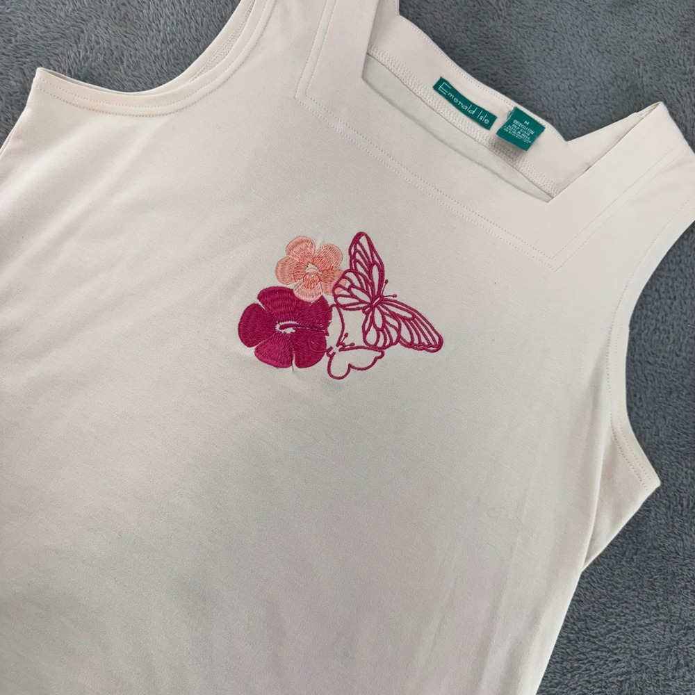 Emerald Isle Cream Square Neck Tank‎ Top Butterfly Floral Embroidery Women's M
